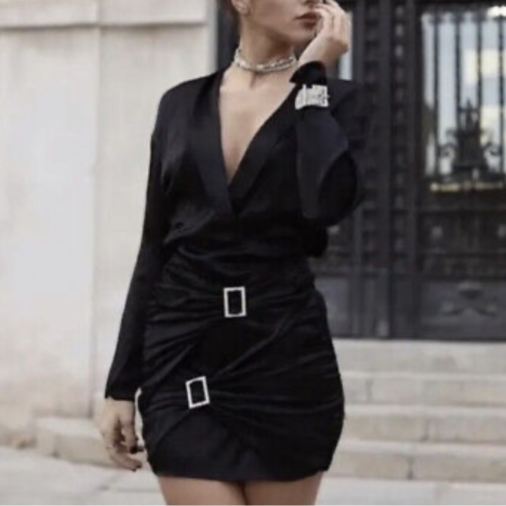 Zara Jewel Buckle Black Satin Long Sleeve Mini Dress Blogger Favorite NWT